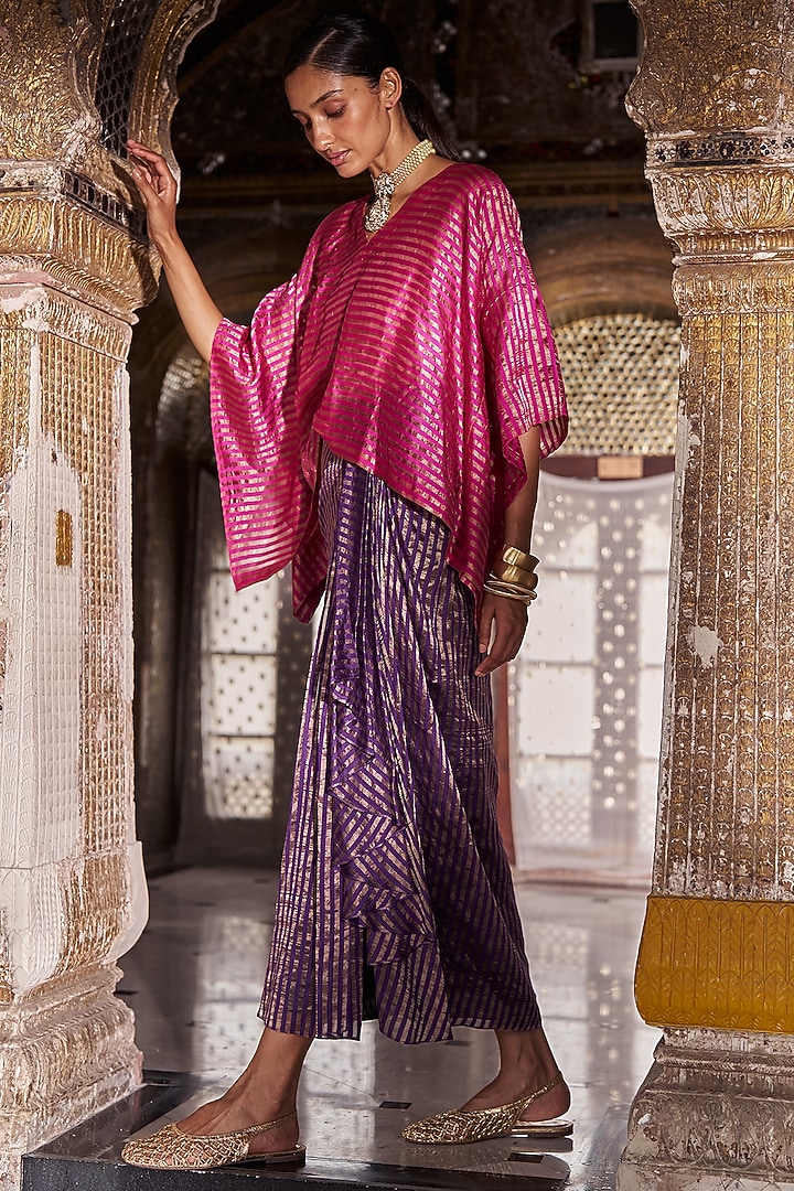 Mulberry & Gold Banarasi Tissue Striped Draped Skirt Set by Dash and Dot at Pernia's Pop Up Shop