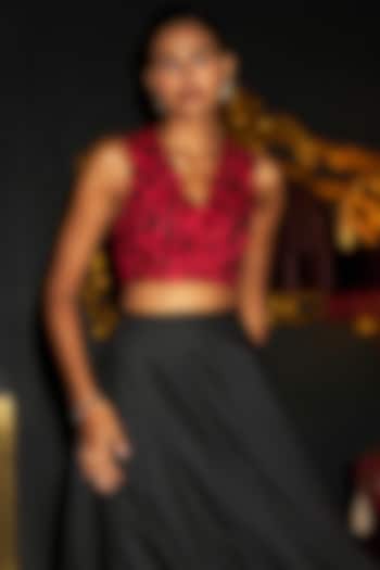 Black & Red Polyester Embroidered Crop Top by Dash and Dot at Pernia's Pop Up Shop