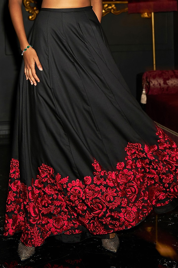 Black & Red Polyester Floral Embroidered A-Line Maxi Skirt by Dash and Dot at Pernia's Pop Up Shop