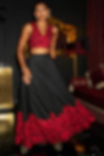 Black & Red Polyester Floral Embroidered A-Line Maxi Skirt Set by Dash and Dot at Pernia's Pop Up Shop