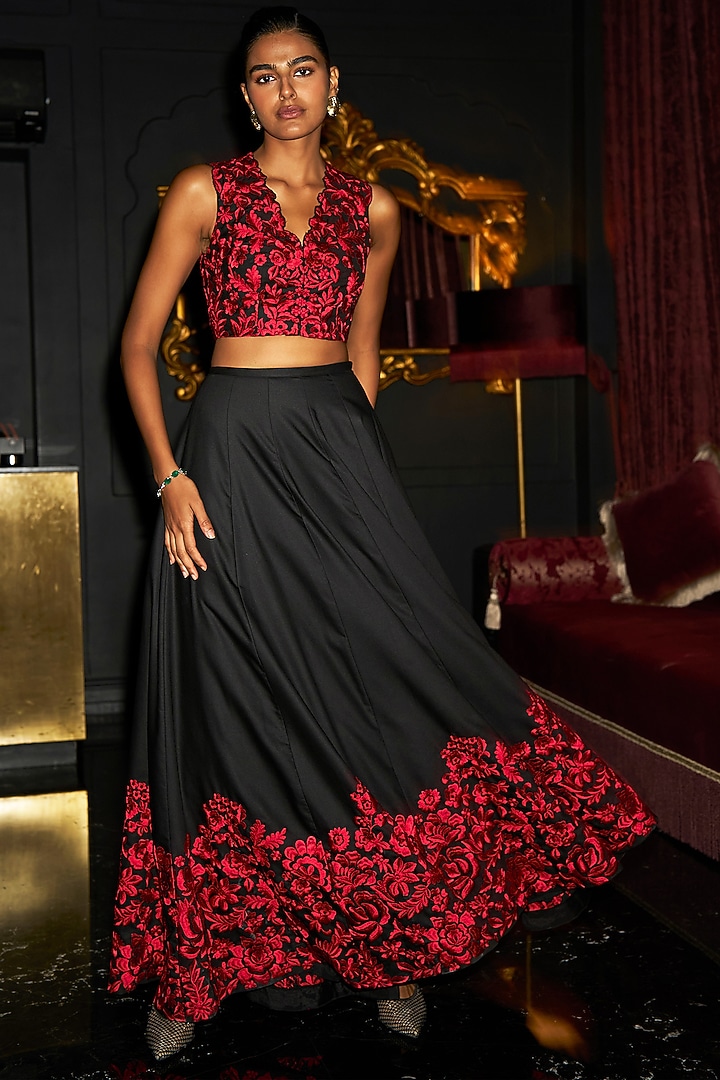 Black & Red Polyester Floral Embroidered A-Line Maxi Skirt Set by Dash and Dot at Pernia's Pop Up Shop