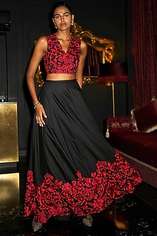 Black & Red Polyester Floral Embroidered A-Line Maxi Skirt Set by Dash and Dot