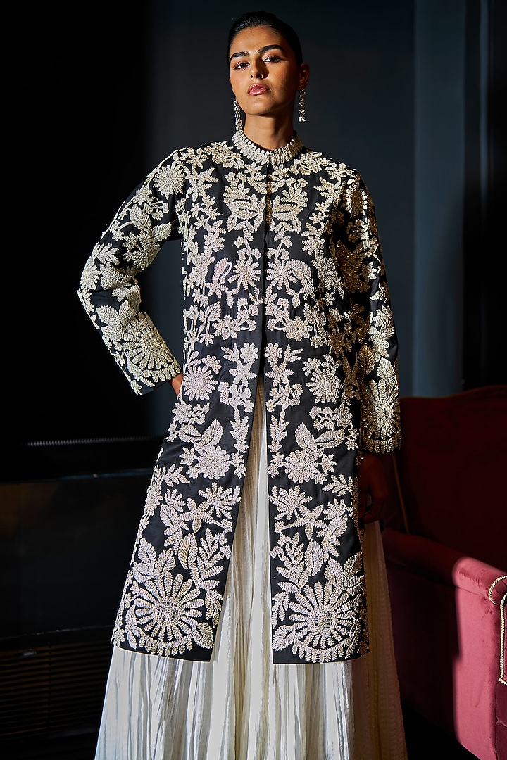 Black & Gold Polyester Floral Embroidered Jacket by Dash and Dot at Pernia's Pop Up Shop