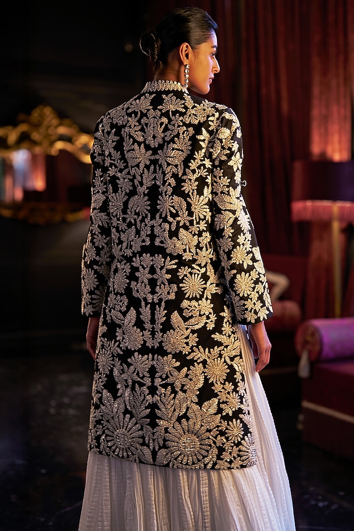 Black & Gold Polyester Floral Embroidered Jacket by Dash and Dot at Pernia's Pop Up Shop
