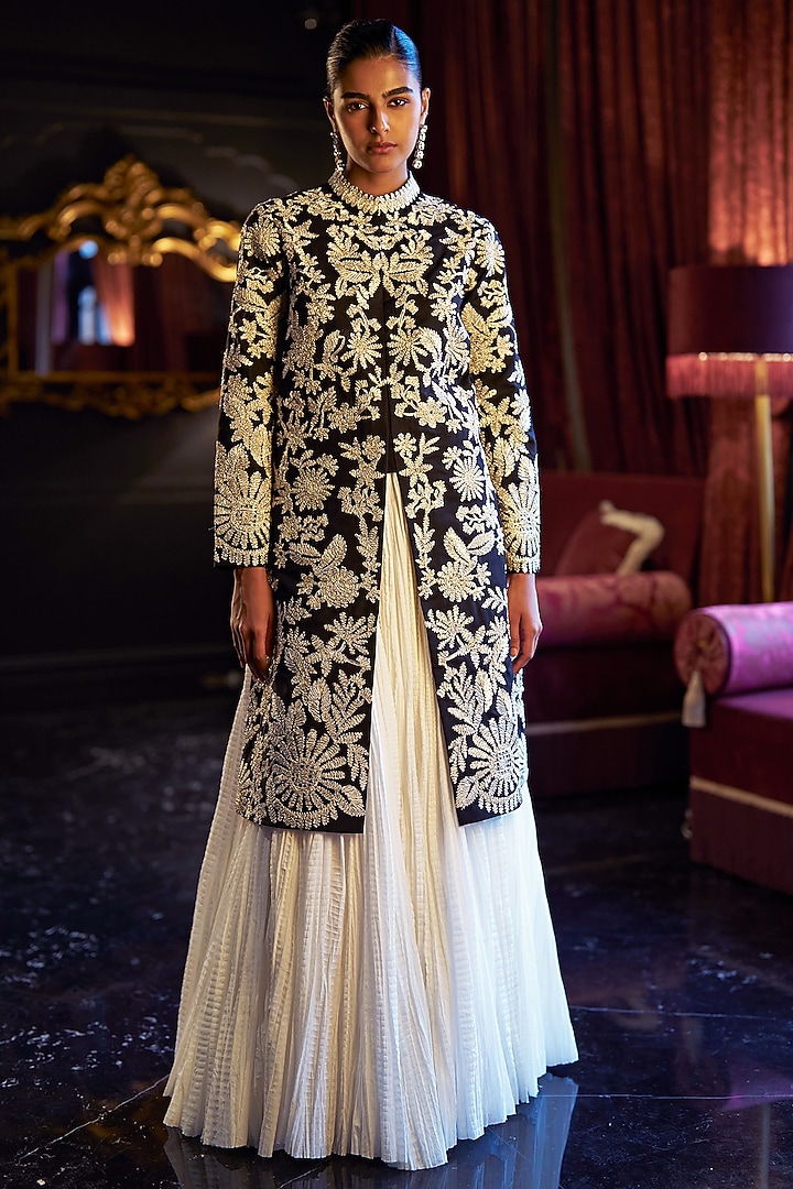 Black & Gold Polyester Floral Embroidered Jacket Set by Dash and Dot at Pernia's Pop Up Shop