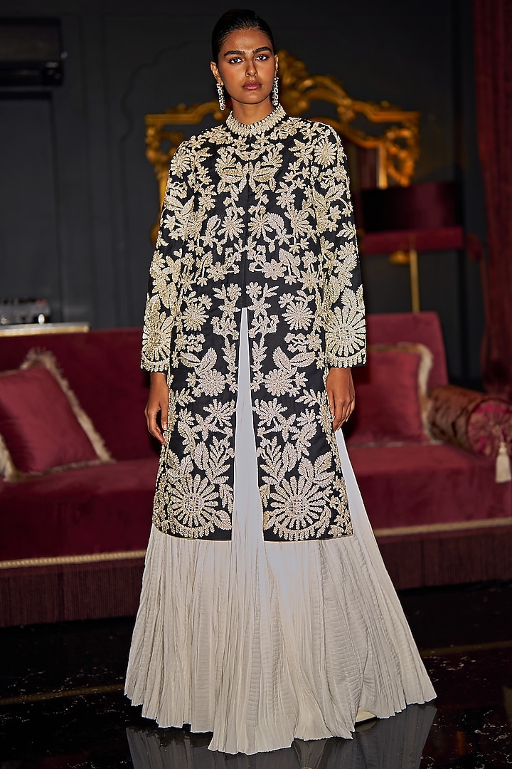 Black & Gold Polyester Floral Embroidered Jacket Set by Dash and Dot at Pernia's Pop Up Shop