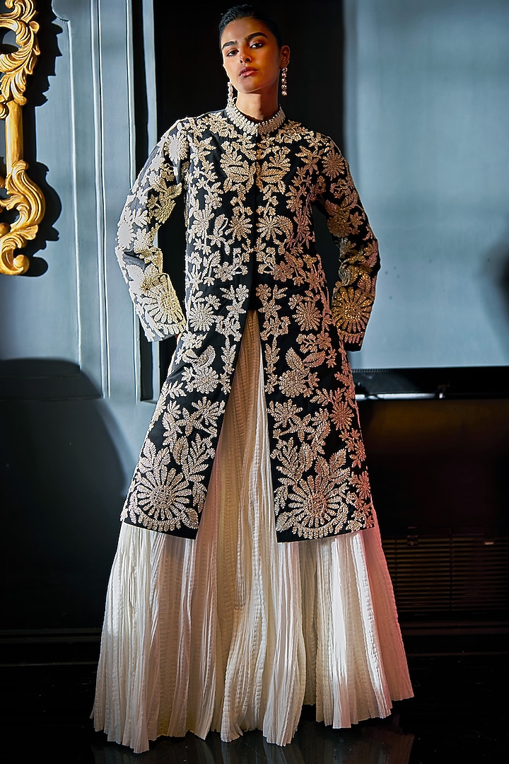 Black & Gold Polyester Floral Embroidered Jacket Set by Dash and Dot at Pernia's Pop Up Shop