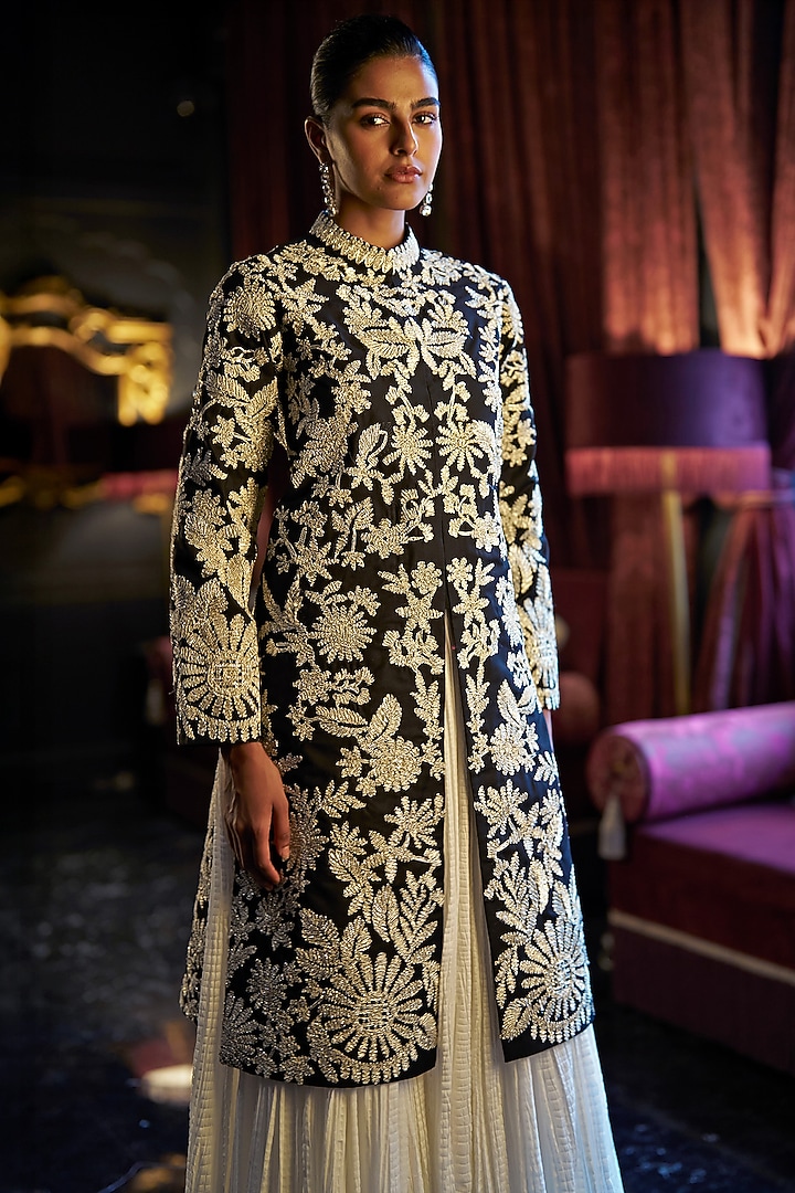 Black & Gold Polyester Floral Embroidered Jacket Set by Dash and Dot at Pernia's Pop Up Shop
