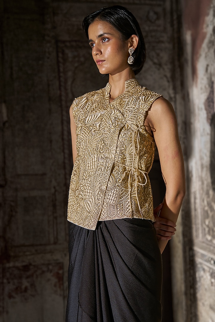 Beige & Gold Recycled Polyester Thread Embroidered Angrakha Waistcoat  by Dash and Dot at Pernia's Pop Up Shop