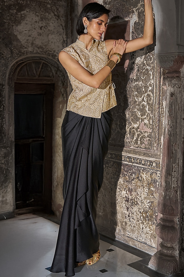 Black Satin Crepe Draped Maxi Skirt by Dash and Dot at Pernia's Pop Up Shop