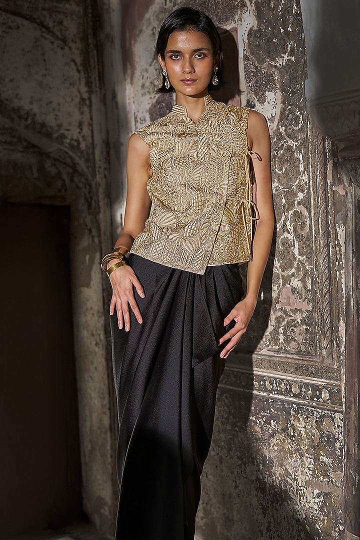 Black Satin Crepe Draped Maxi Skirt Set by Dash and Dot at Pernia's Pop Up Shop