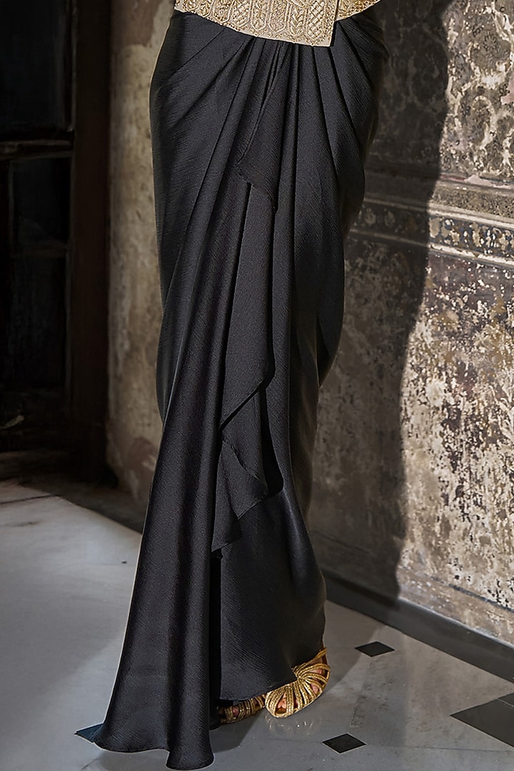 Black Satin Crepe Draped Maxi Skirt Set by Dash and Dot at Pernia's Pop Up Shop