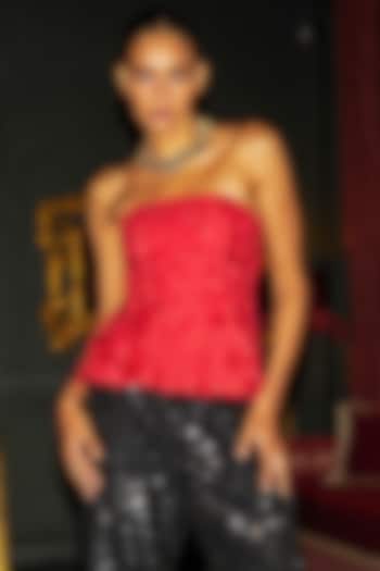 Crimson Red Recycled Polyester 3D Floral Embroidered Peplum Corset by Dash and Dot at Pernia's Pop Up Shop