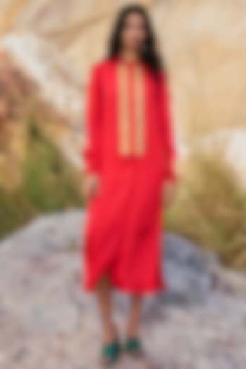 Coral Red Embroidered Summer Shirt Dress by Dash and Dot at Pernia's Pop Up Shop