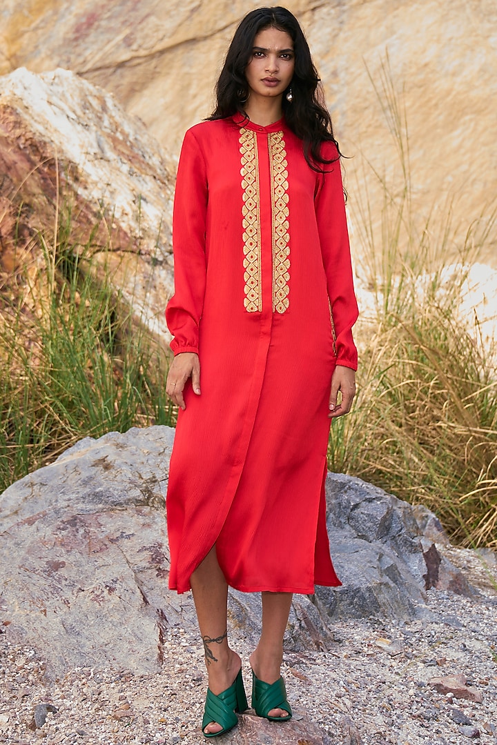 Coral Red Embroidered Shirt Dress by Dash and Dot