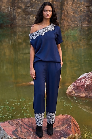 Navy Blue Embroidered Pant Set by Dash and Dot