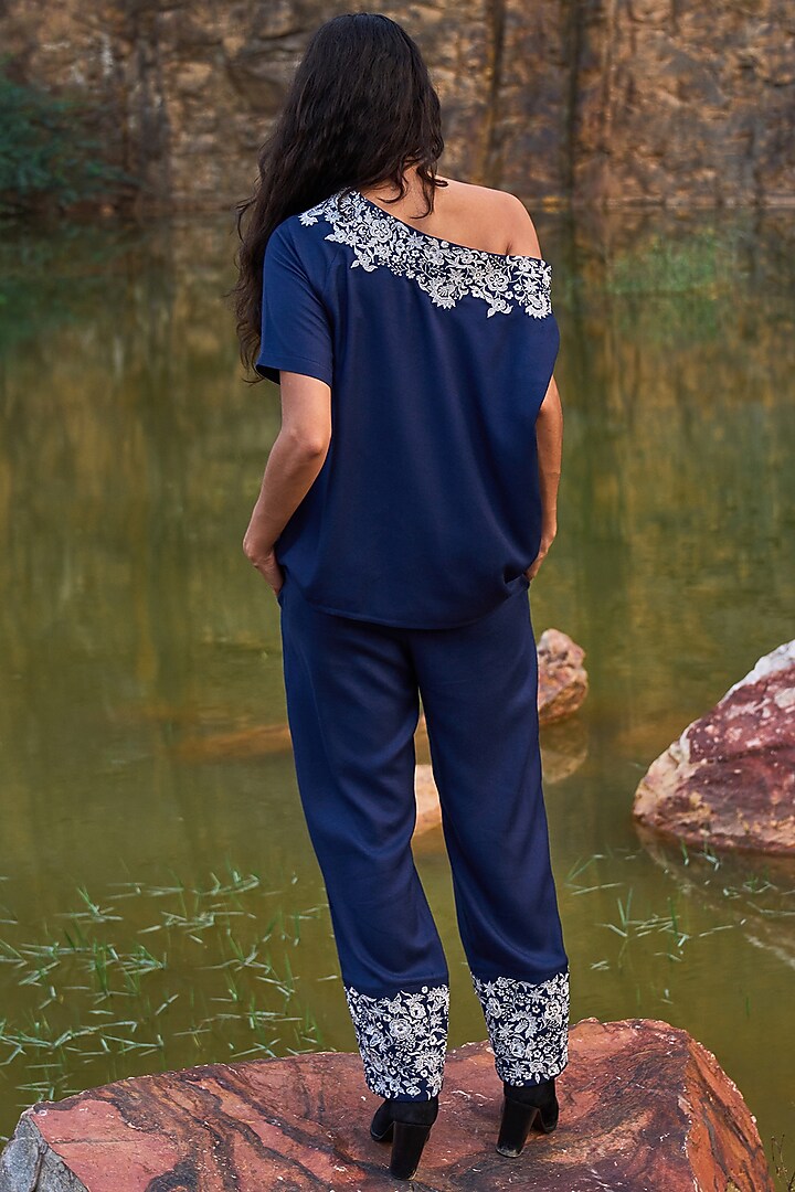 Navy Blue Embroidered Pant Set by Dash and Dot at Pernia's Pop Up Shop