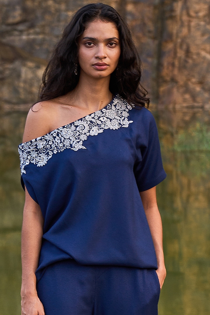 Navy Blue Embroidered Pant Set by Dash and Dot at Pernia's Pop Up Shop
