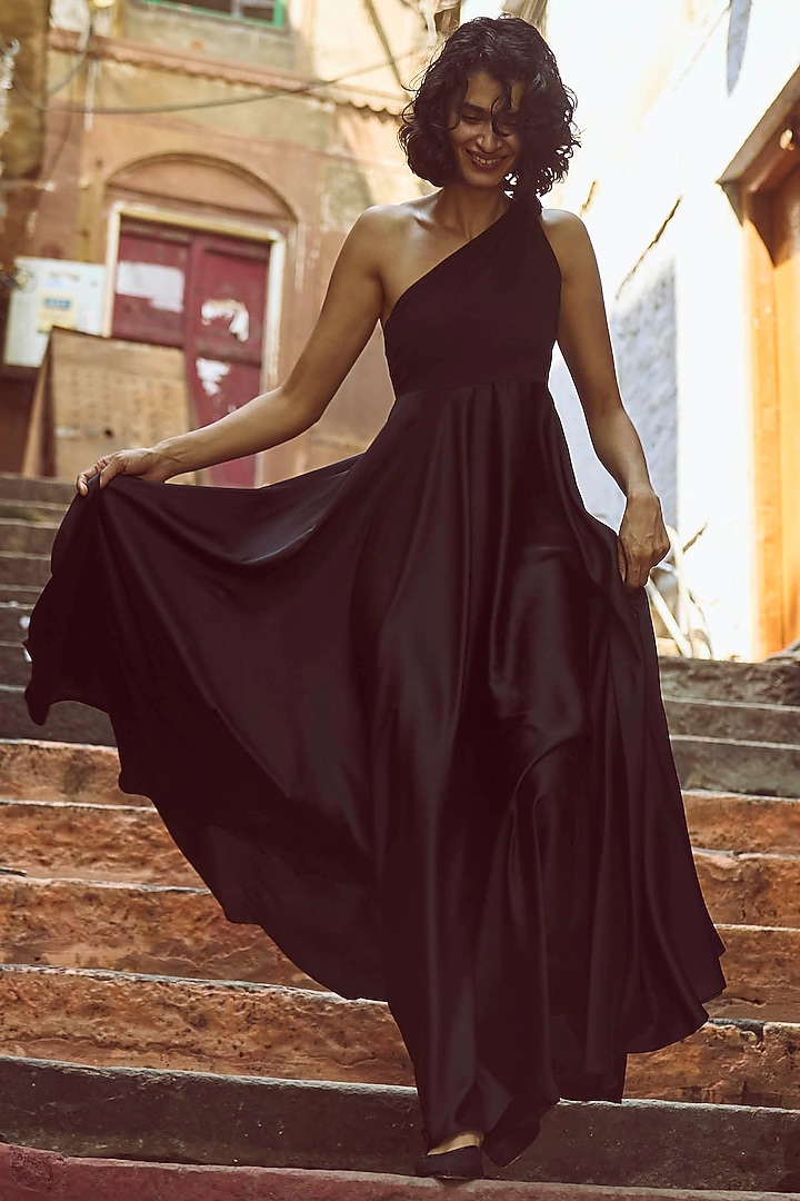 Black Knitted Fabric & Satin One-Shoulder Summer Dress by Dash and Dot at Pernia's Pop Up Shop