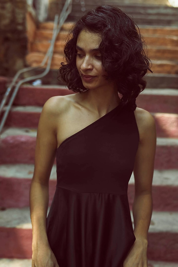 Black Knitted Fabric & Satin One-Shoulder Summer Dress by Dash and Dot at Pernia's Pop Up Shop