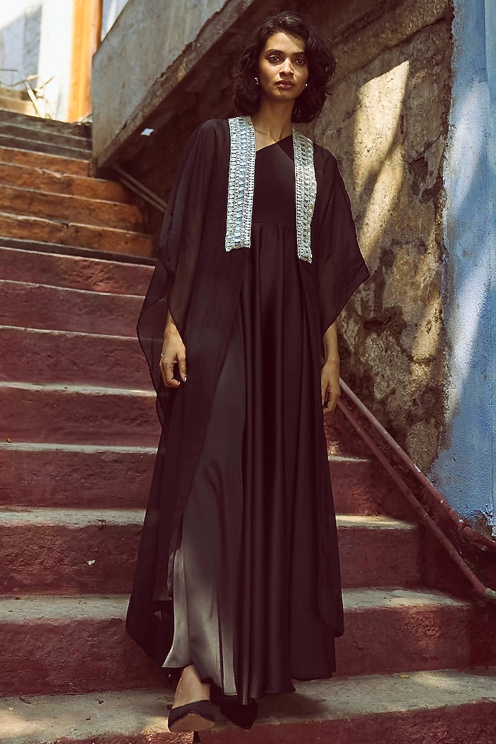 Black Organza Sequins Embroidered Cape by Dash and Dot at Pernia's Pop Up Shop