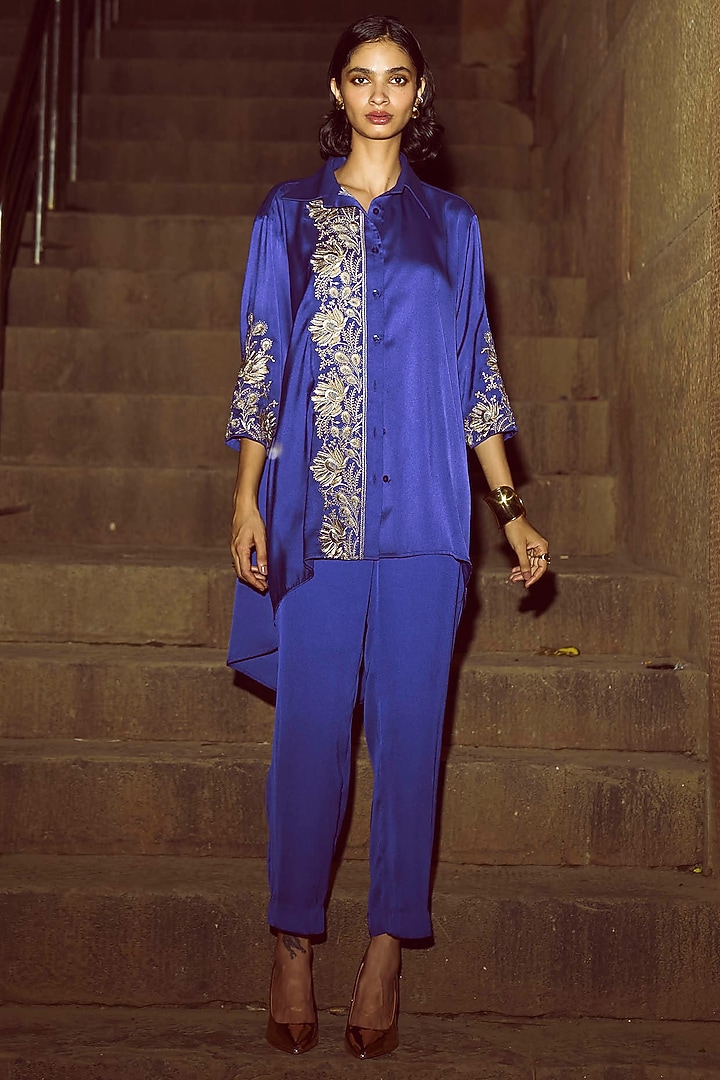 Purple Satin Zari Thread Floral Embroidered Co-Ord Set by Dash and Dot at Pernia's Pop Up Shop