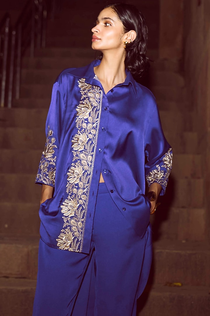 Purple Satin Zari Thread Floral Embroidered Co-Ord Set by Dash and Dot at Pernia's Pop Up Shop