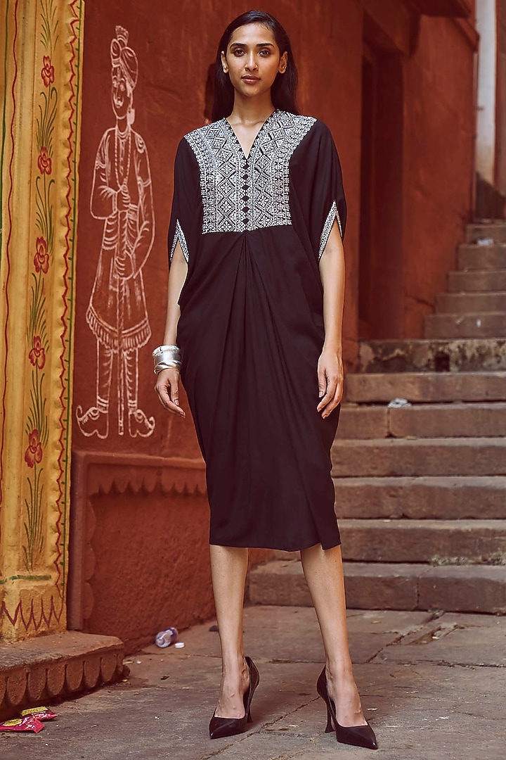 Black Organic Rayon Embroidered Cowl Kaftan by Dash and Dot at Pernia's Pop Up Shop