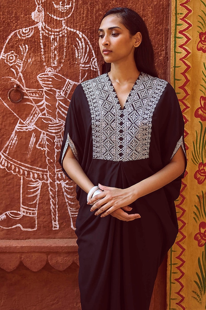 Black Organic Rayon Embroidered Cowl Kaftan by Dash and Dot at Pernia's Pop Up Shop