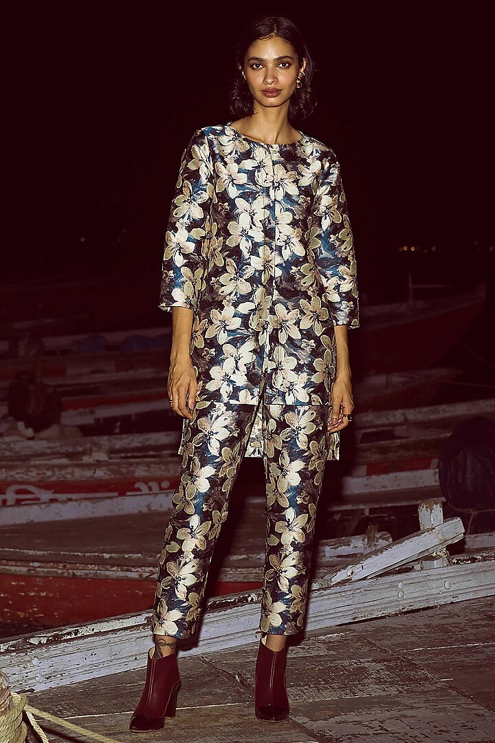 Navy Blue Soft Brocade Co-Ord Set by Dash and Dot at Pernia's Pop Up Shop