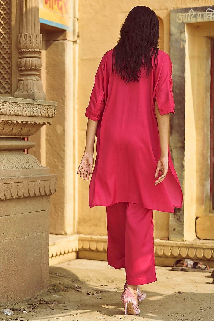Fuchsia Pink Viscose & Cotton Floral Embroidered Co-Ord Set by Dash and Dot at Pernia's Pop Up Shop