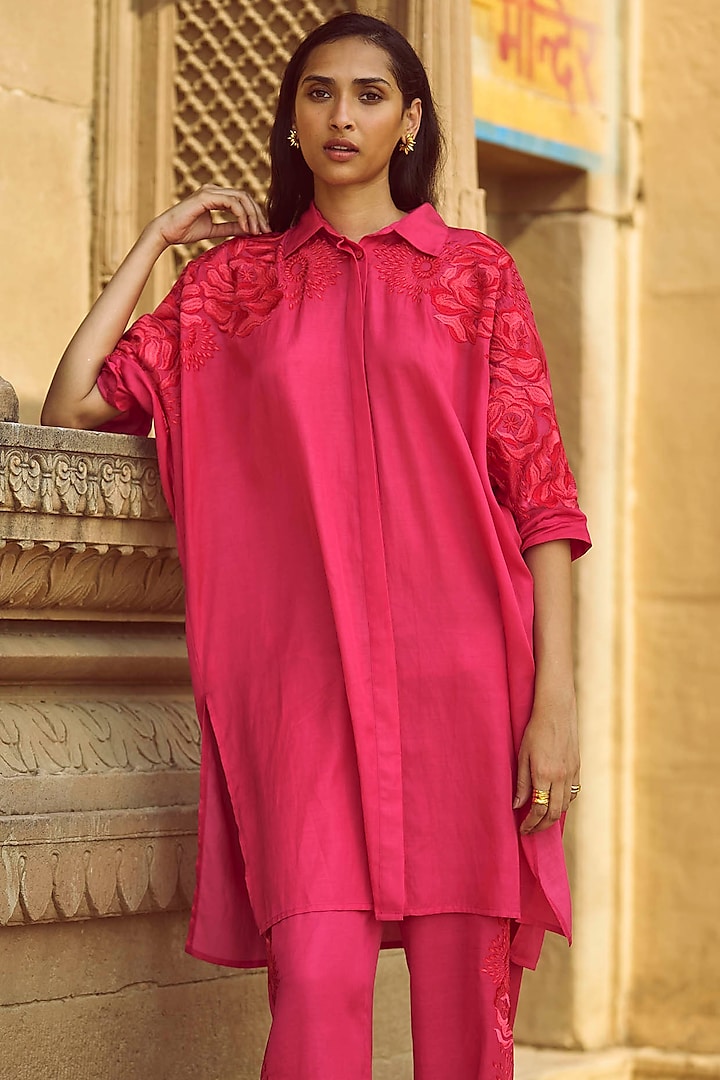 Fuchsia Pink Viscose & Cotton Floral Embroidered Shirt by Dash and Dot