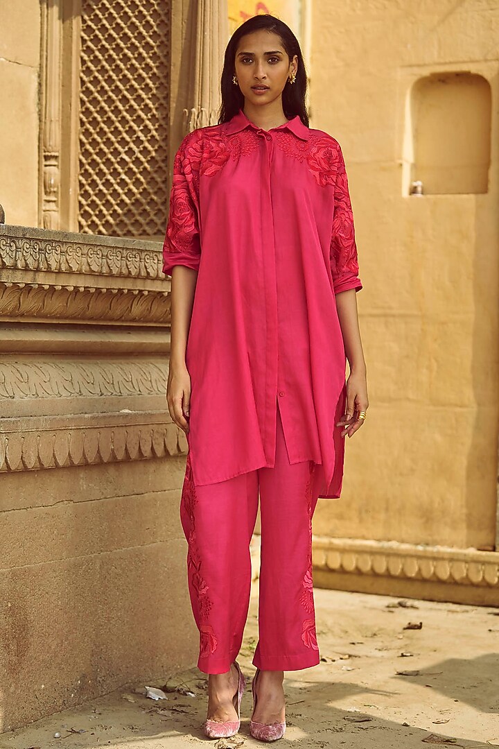 Fuchsia Pink Viscose & Cotton Floral Embroidered Shirt by Dash and Dot at Pernia's Pop Up Shop