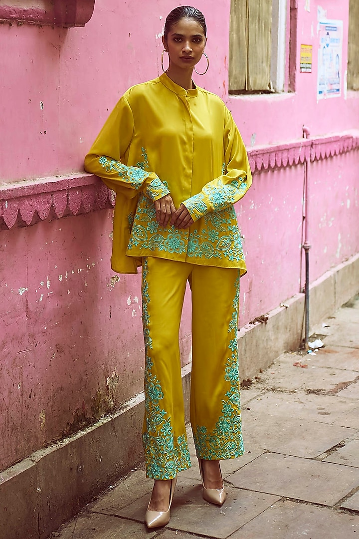 Yellow Viscose Placement Embroidered Co-Ord Set by Dash and Dot at Pernia's Pop Up Shop