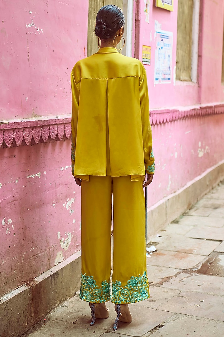 Yellow Viscose Placement Embroidered Co-Ord Set by Dash and Dot at Pernia's Pop Up Shop