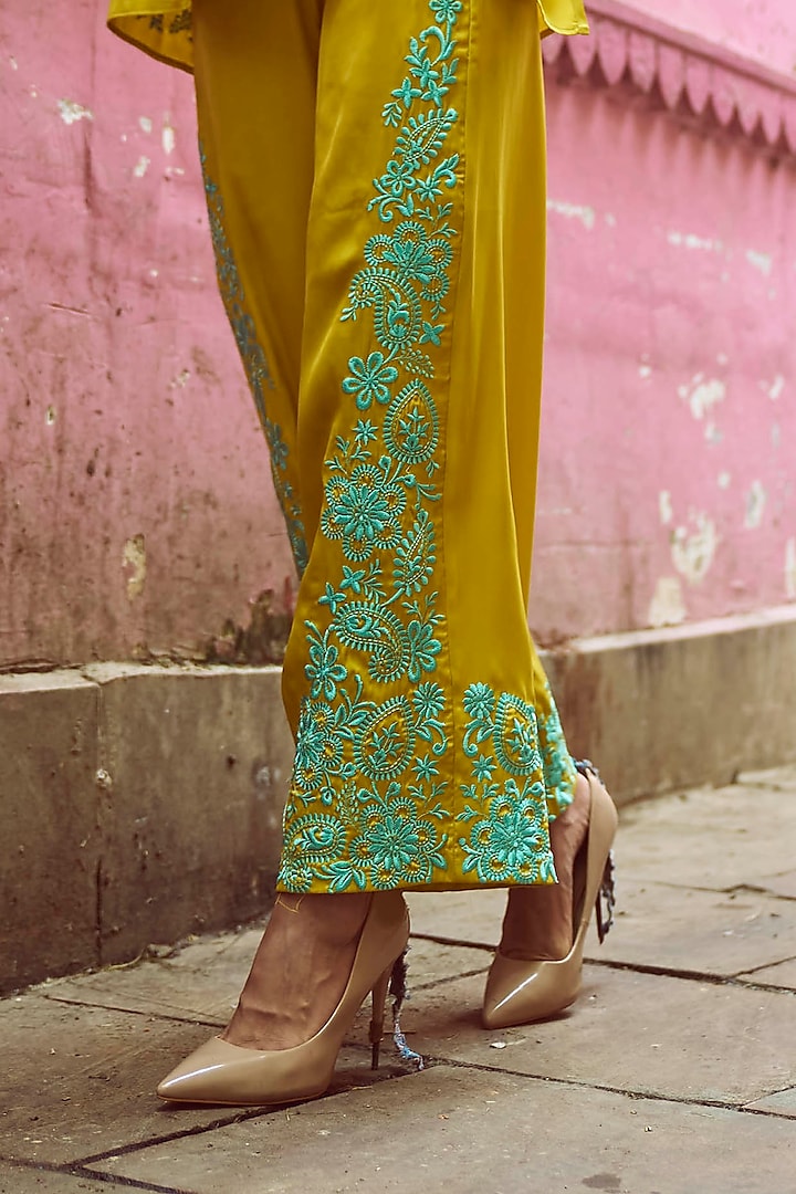 Yellow Viscose Placement Embroidered Co-Ord Set by Dash and Dot at Pernia's Pop Up Shop