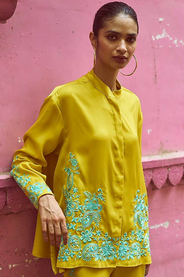 Yellow Viscose Placement Embroidered Co-Ord Set by Dash and Dot at Pernia's Pop Up Shop