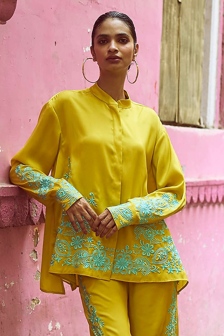 Yellow Viscose Placement Embroidered Top by Dash and Dot