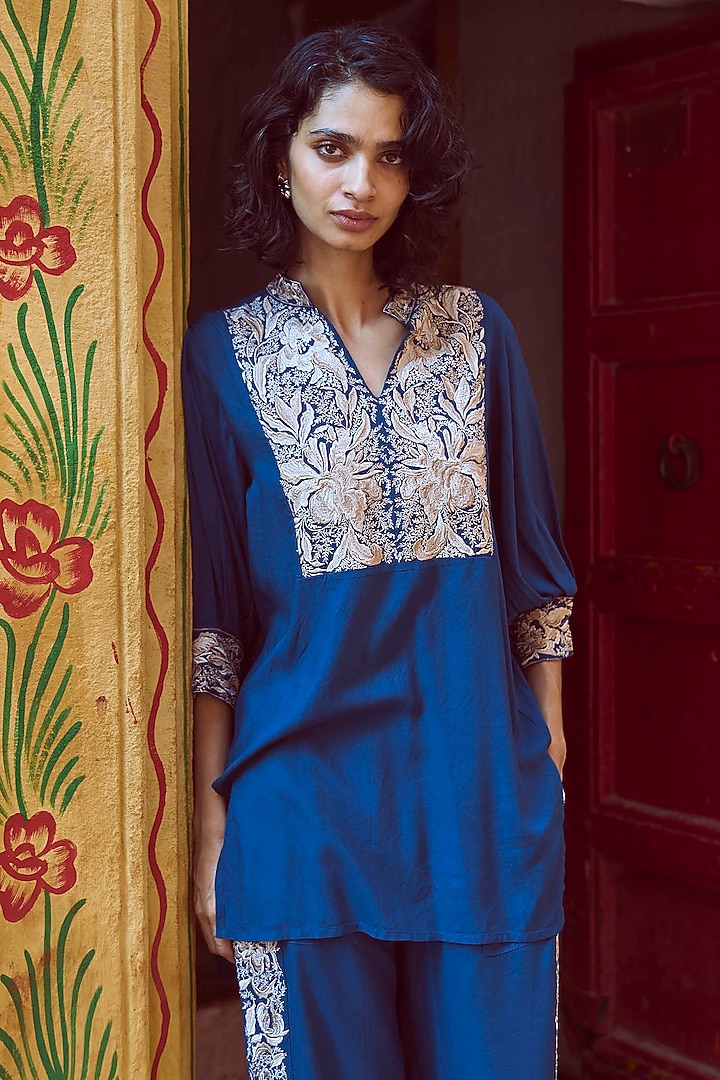 Teal Organic Viscose Embroidered Co-Ord Set by Dash and Dot at Pernia's Pop Up Shop