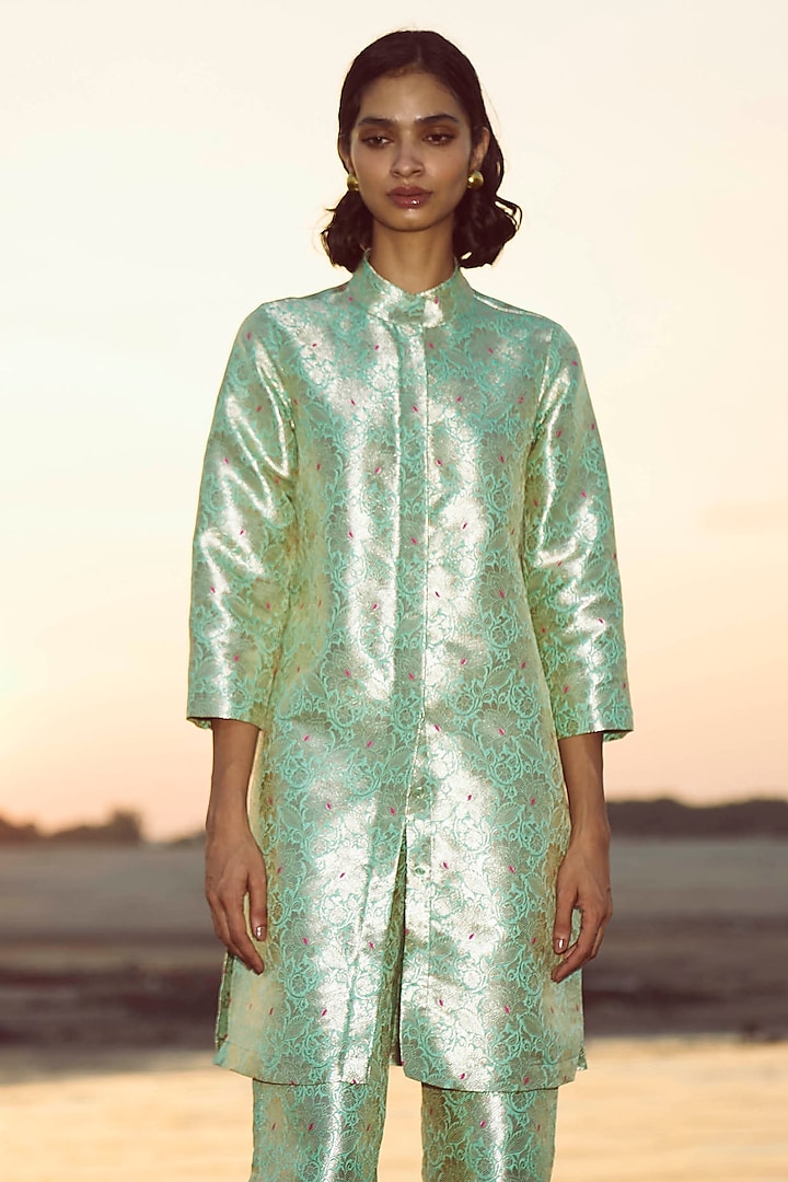 Mint Green Brocade Longline Top by Dash and Dot