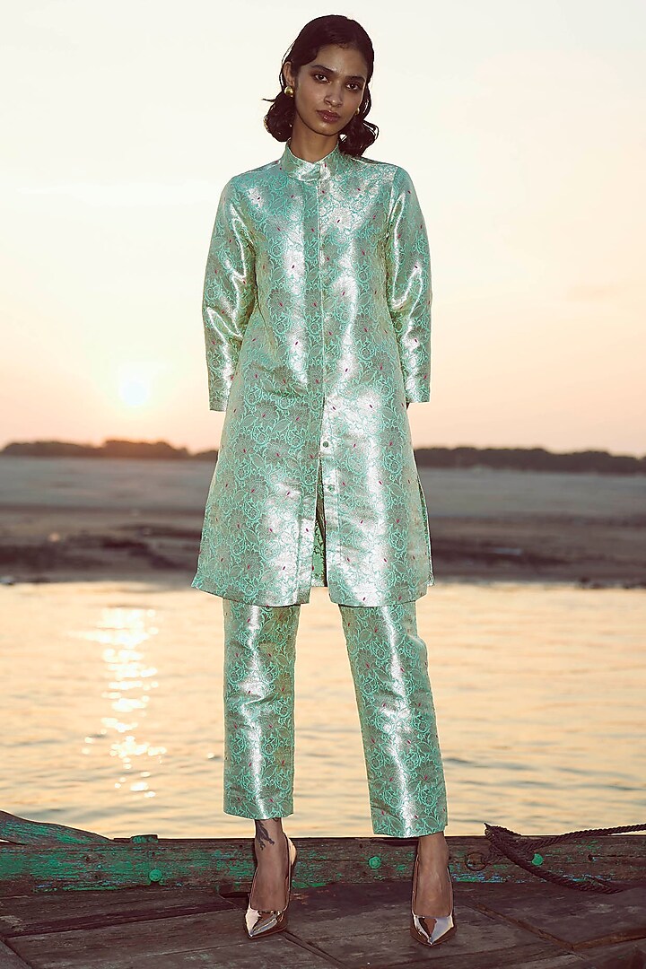 Mint Green Brocade Straight Pants by Dash and Dot