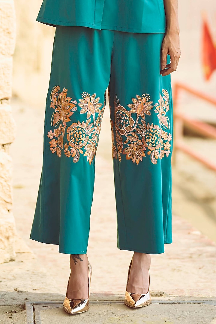 Teal Polyester Viscose Floral Embroidered Co-Ord Set by Dash and Dot at Pernia's Pop Up Shop