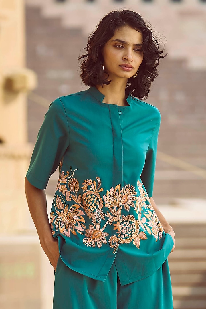 Teal Polyester Viscose Floral Embroidered Top by Dash and Dot