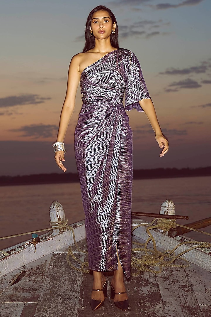 Purple Polyester Printed One-Shoulder Maxi Summer Dress by Dash and Dot at Pernia's Pop Up Shop