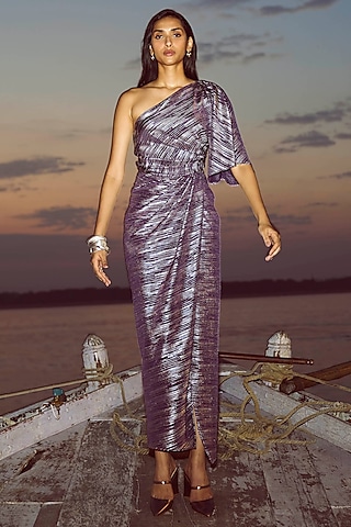 Purple Polyester Printed One-Shoulder Maxi Dress by Dash and Dot