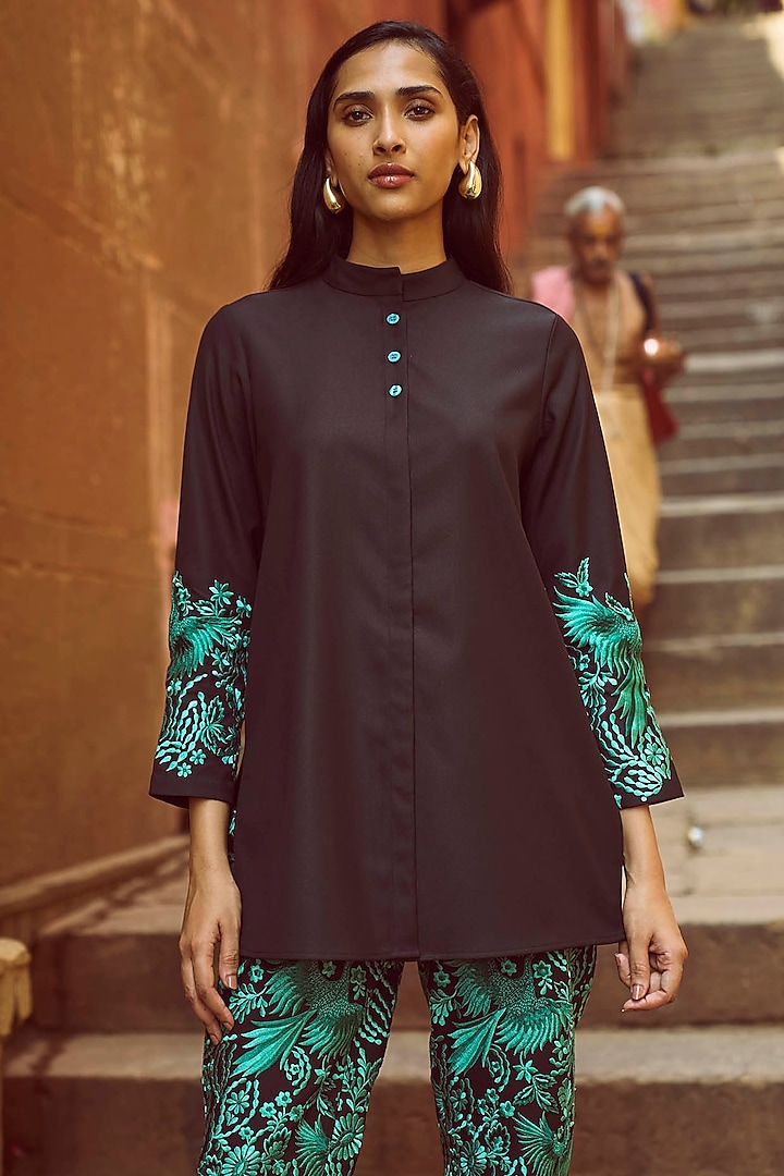 Black Polyester Viscose Embroidered Shirt by Dash and Dot