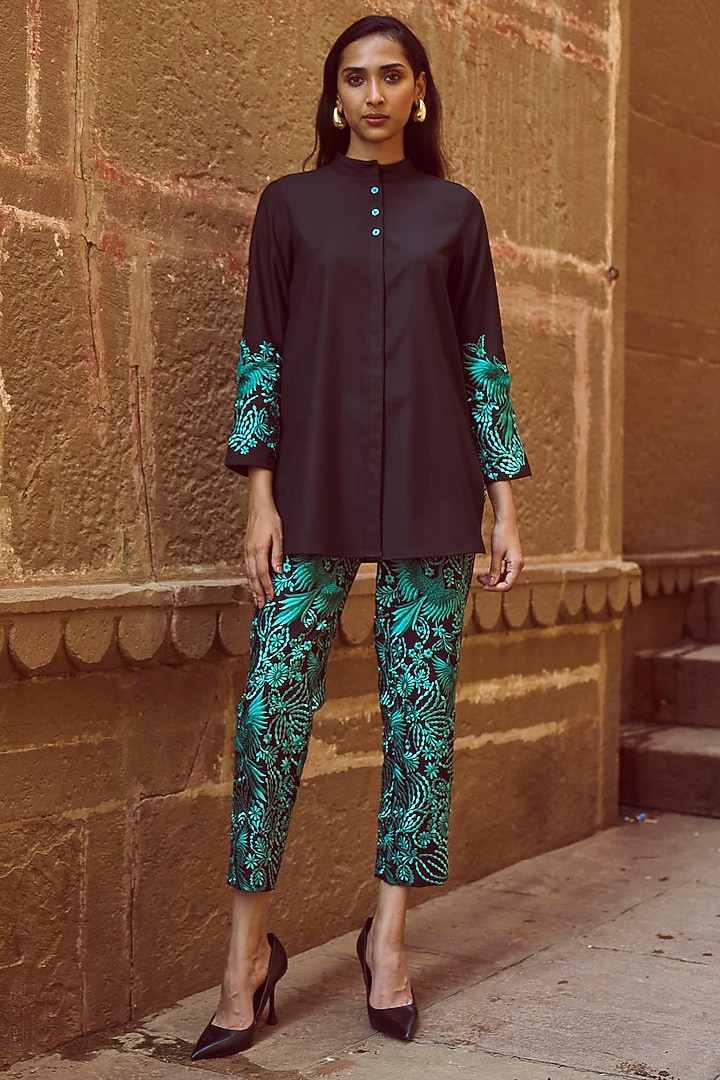 Black Polyester Viscose Embroidered Shirt by Dash and Dot at Pernia's Pop Up Shop