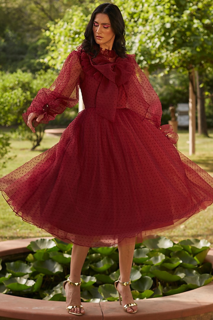Maroon Organza Vacation Dress by DANIA SIDDIQUI at Pernia's Pop Up Shop