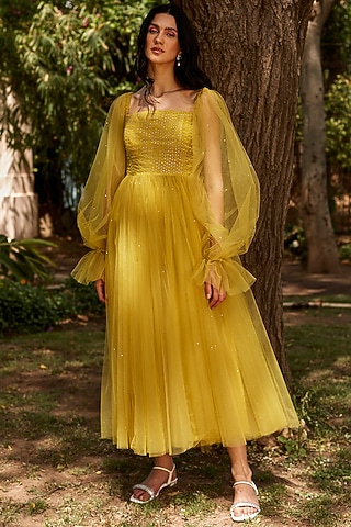 Chartreuse Yellow Hand Embroidered Gown by DANIA SIDDIQUI