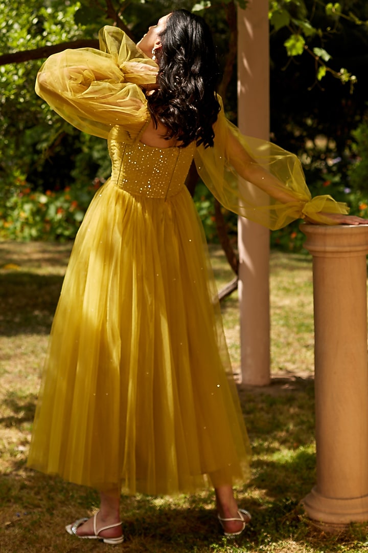 Chartreuse Yellow Hand Embroidered Gown by DANIA SIDDIQUI at Pernia's Pop Up Shop